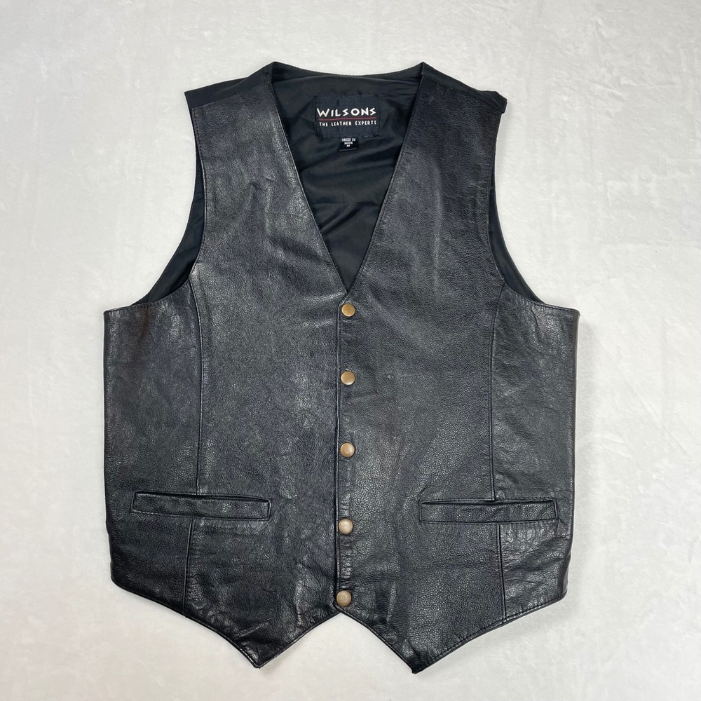 Wilsons Leather Vest Mens Medium Black Good Vintage Biker Western Cinch Back
